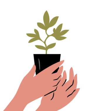 Kadının elinde yeşil bir filiz var.