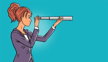 İş kadını teleskopla bakıyor.