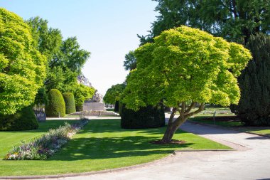 Strasbourg, Fransa. 11 Mayıs 2024. Cumhuriyet Meydanı Bahçesi. Arka planda ise Morts Anıtı. Yaz, güneşli bir gün. Güzel yeşil ağaçlar, çimenler ve sokaklar. Fransız tarihi ve kültürü