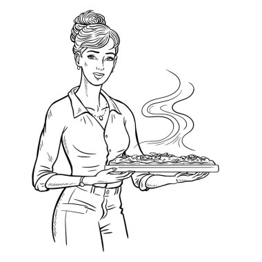 Female waitress holding an appetizing hot pizza in her hands. Beautiful girl. Pizzeria, cafe and restaurant. Food and snacks. Vector art illustration. Black and white sketch. Hand drawn style outline clipart