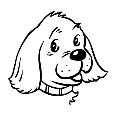 Şirin bir yavru köpek portresi. Köpek kafası. Evcil hayvanlar ve bakım. Hayvan barınağı amblemi ve imzası. Hayvan koruması. Siyah ve beyaz çizgi film vektör çizimi çizim el çizimi