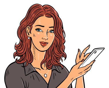 Telefonu olan güzel bir kız. Genç bir kadının portresi. İletişim, arama, bilgi arama. Uzman danışman. Beyaz üzerine Vektör illüstrasyonuna yardım et. El çizimi biçim çizimi