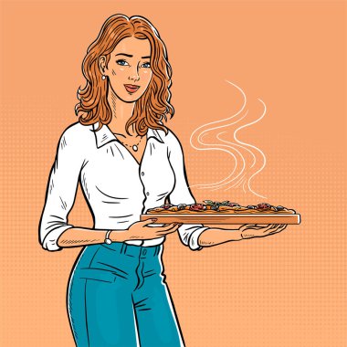 Female waitress holding an appetizing hot pizza in her hands. Beautiful young girl. Pizzeria, cafe and restaurant. Food and snacks. Vector art illustration. Pop art style. Hand drawn outline clipart