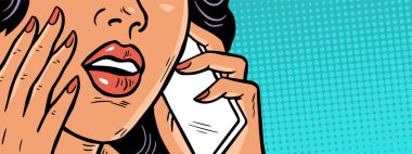 Genç bir kadın acil bir telefon görüşmesi yapar. İndirim, terfi ve satış kavramı. Reklam afişi. Çizgi film vektörü renkli çizim. Pop sanat komedi tarzı. El çizimi ana hatları