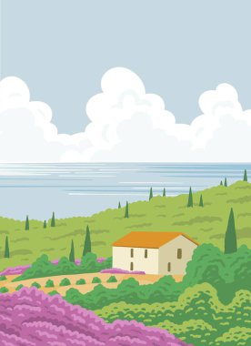 Doğası ve evi olan güzel bir kırsal güney manzarası. Çiftlik bağları, selvi ağaçları, lavanta çiçekleri ve dağlar. Fransız Provence. Vektör sanatı illüstrasyonu