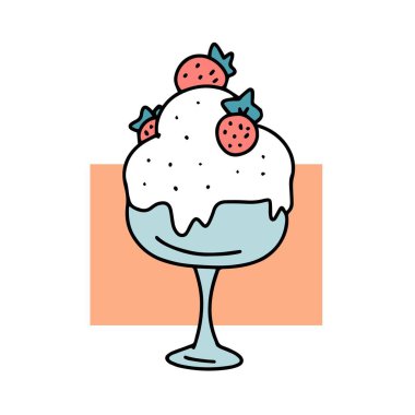 Cam bardakta çilekli iştah açıcı dondurma. Bir kafede tatlı bir ikram. Lezzetli yemekler, yaz laktik tatlıları. Çizgi film vektör çizimi. Çizilmiş özet