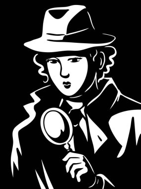 Şapka takan ve elinde büyüteç olan genç bir kadın dedektif. Retro tarzı. Arama, soruşturma ve kanıt. Ajan casus. Siyah-beyaz vektör çizimi. El çizimi komik biçimi