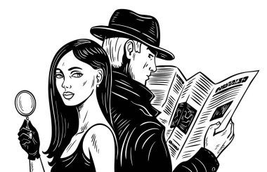 Beautiful couple detectives. Young man in a retro hat. Woman with a magnifying glass. Search and evidence. Agent spy. Detective agency. Vector black and white illustration. Hand drawn comic style clipart