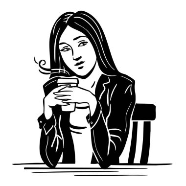 Bir kafede kahve içen güzel genç bir kadın. Şehirli kız. Kahve zamanı, boş zaman ve yaşam tarzı. Vektör siyah beyaz izole sanat illüstrasyonu. El çizimi çizim