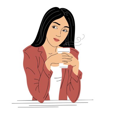 Bir kafede kahve içen güzel genç bir kadın. Şehirli kız. Kahve zamanı, boş zaman ve yaşam tarzı. Kadın karakteri. Vektör izole sanat illüstrasyonu