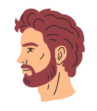 Sakallı genç bir adamın portresi. Moda ve güzellik. Yüz ve kafa bir erkeğe ait. Düz vektör çizimi beyaz arkaplanda izole edildi