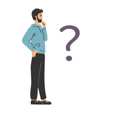 Genç bir adam bir soruyla karşı karşıya. İkilem, sorun ve çözüm arayışı. Seçme zorluğu. Düz vektör çizimi beyaz üzerine izole edildi