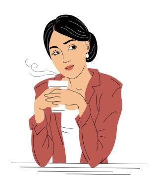 Bir kafede kahve içen güzel genç bir kadın. Şehirli kız. Kahve zamanı, boş zaman ve yaşam tarzı. Kadın karakteri. İzole edilmiş sanat çizimi el çizimi