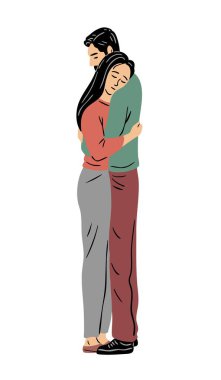 Young couple hugging. The man and the girl are touched in their feelings. Happy family and love. Forgiveness, farewell and goodbye. Flat vector art illustration isolated on white clipart