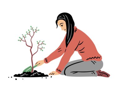 Ağaç fidanı diken genç bir kadın. Kız bahçede birlikte çalışıyor. Doğayı önemsemek. Düz vektör çizimi beyaza izole edildi