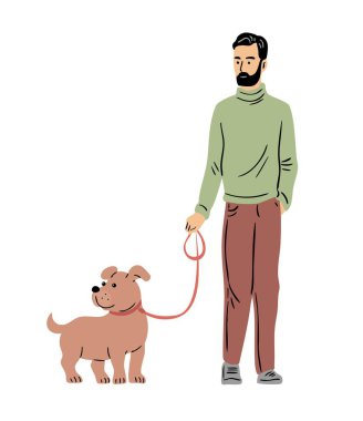 Bir adam köpekle yürür. Hayvan bakımı. Hayvanlar ve insanlar arasındaki arkadaşlık. Düz vektör çizimi beyaz arkaplanda izole edildi