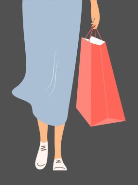 Genç, modern bir kız alışverişe gider. Moda ve güzellik. Elinde mağazadan bir paket var. Vektör çizgi film illüstrasyonu