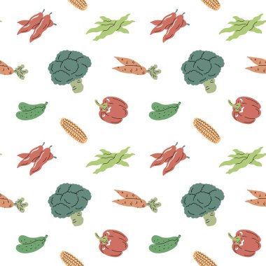 Kusursuz sebze deseni. Sağlıklı beslenme ve beslenme. Doğal vejetaryen ürünü. Çiftlik hasadı. Yemek malzemesi. Dekorasyon, baskı ve arkaplan tasarımı. Düz vektör illüstrasyonu