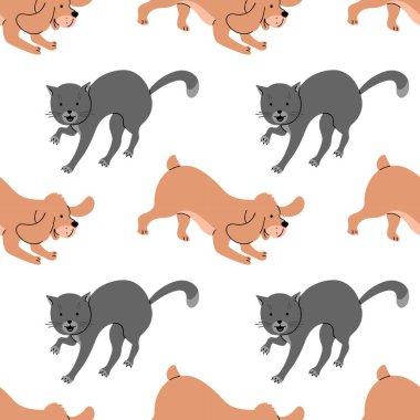 Neşeli bir kedi ve bir köpek oynuyorlar. Sevimli hayvanlar. Hayvan hayatı. Arka plan tasarımı, dekorasyonu ve baskısı için kusursuz desen. Vektör çizgi film illüstrasyonu