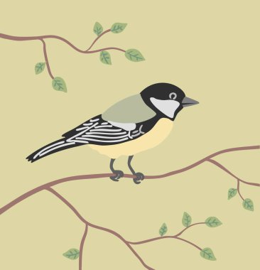 Little forest tit. Bird on a tree branch. Flying feathered. Animals, nature and ornithology. Cartoon vector illustration