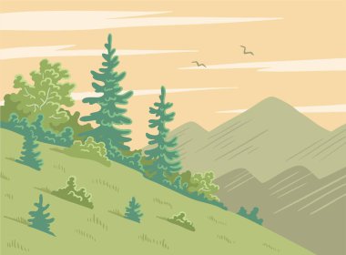 Dağlardaki yeşil orman. Güzel doğa manzarası. Ladinli ve kozalaklı ağaçlı tayga. Vahşi yaşam geçmişi var. Vektör illüstrasyonu