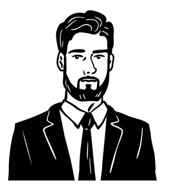 İş elbiseli bir adamın portresi. Ofis arkadaşları. Sakallı bir esmerin yüzü. Vektör sanat illüstrasyonu. Siyah ve beyaz el çizimi