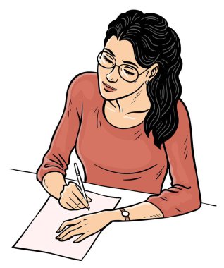 Gözlüklü güzel öğrenci kız kağıda yazı yazıyor. Belge imzalayan, sözleşme imzalayan ya da mektup yazan genç bir kadın. Eğitim, eğitim ve iş. Vektör sanatı çizimi beyaz arkaplanda izole edildi