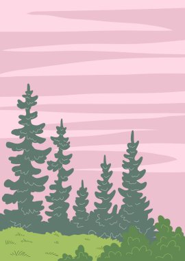 Güzel sakin doğa manzarası. Gece bulutlarının arkaplanına karşı ladin ağaçları. Resimli bir manzara. Düz vektör çizimi. Tasarım posteri