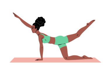 Genç ve güzel bir kadın jimnastik yapıyor. Fitness egzersizi yapan bir kız. Esneme ve pilates pozu. Spor, vücut güzelliği ve sağlık. Vektör illüstrasyonu beyaz arkaplanda izole edildi