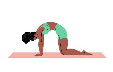 Genç ve güzel bir kadın jimnastik yapıyor. Fitness egzersizi yapan bir kız. Esneme ve pilates pozu. Spor, vücut güzelliği ve sağlık. Vektör illüstrasyonu beyaz arkaplanda izole edildi