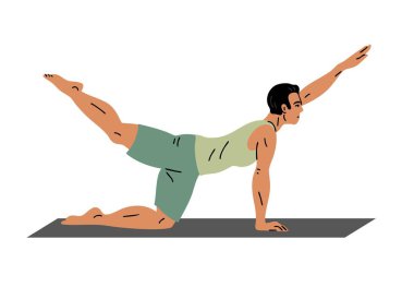 Genç sporcu spor yapıyor. Pilates, yoga ve esneme hareketleri. Jimnastik yapan adam. Vücut ve sağlık hizmetleri. Spor, fiziksel aktivite. Vektör illüstrasyonu beyazda izole edildi