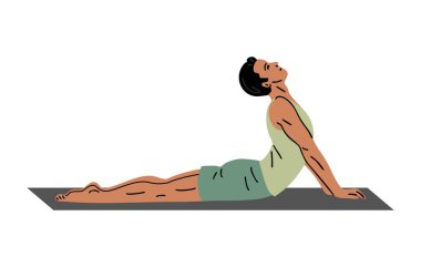 Genç sporcu spor yapıyor. Pilates, yoga ve esneme hareketleri. Jimnastik yapan adam. Vücut ve sağlık hizmetleri. Spor, fiziksel aktivite. Vektör illüstrasyonu beyazda izole edildi