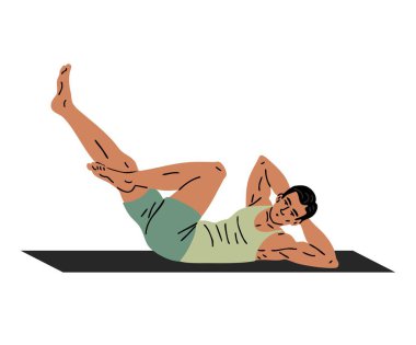 Genç sporcu spor yapıyor. Pilates, yoga ve esneme hareketleri. Jimnastik yapan adam. Vücut ve sağlık hizmetleri. Spor, fiziksel aktivite. Vektör illüstrasyonu beyazda izole edildi