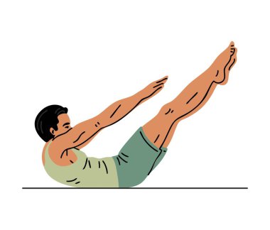 Genç sporcu spor yapıyor. Pilates, yoga ve esneme hareketleri. Jimnastik yapan adam. Vücut ve sağlık hizmetleri. Spor, fiziksel aktivite. Vektör illüstrasyonu beyazda izole edildi