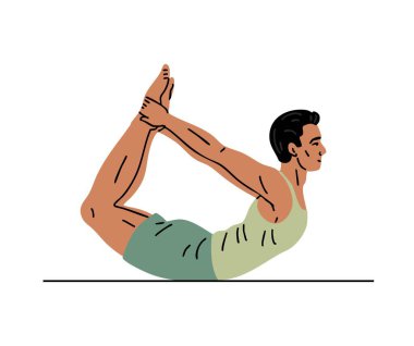 Genç sporcu spor yapıyor. Pilates, yoga ve esneme hareketleri. Jimnastik yapan adam. Vücut ve sağlık hizmetleri. Spor, fiziksel aktivite. Vektör illüstrasyonu beyazda izole edildi