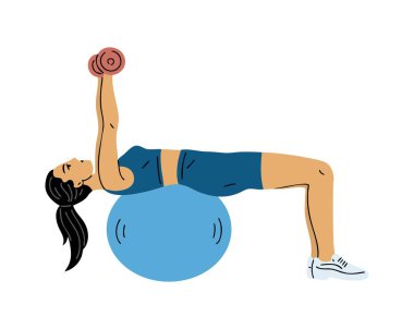 Jimnastik topu ve dambıllarla egzersiz yapan genç bir bayan. Spor ve pilates yapan bir kız. Spor eğitimi. Sağlığa ve vücudun güzelliğine önem vermek. Vektör illüstrasyonu beyazda izole edildi