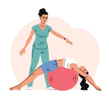 Genç bir kadın fizyoterapistin gözetiminde spor topuyla egzersiz yapıyor. Kız hem sabırlı hem de doktor. Tıp merkezindeki terapi egzersizleri. Rehabilitasyon ve fiziksel eğitim. Vektör illüstrasyonu