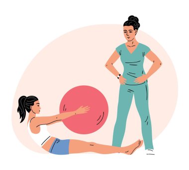 Genç bir kadın fizyoterapistin gözetiminde spor topuyla egzersiz yapıyor. Kız hem sabırlı hem de doktor. Tıp merkezindeki terapi egzersizleri. Rehabilitasyon ve fiziksel eğitim. Vektör illüstrasyonu