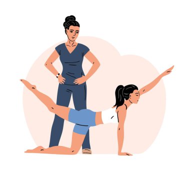 Genç kadın fizyoterapistin gözetiminde egzersiz yapıyor. Kız hem sabırlı hem de doktor. Tıp merkezindeki terapi egzersizleri. Rehabilitasyon ve fiziksel eğitim. Vektör illüstrasyonu