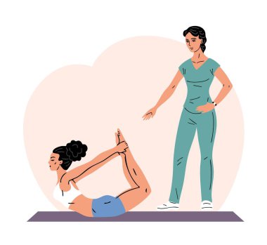 Genç kadın fizyoterapistin gözetiminde egzersiz yapıyor. Kız hem sabırlı hem de doktor. Tıp merkezindeki terapi egzersizleri. Rehabilitasyon ve fiziksel eğitim. Vektör illüstrasyonu