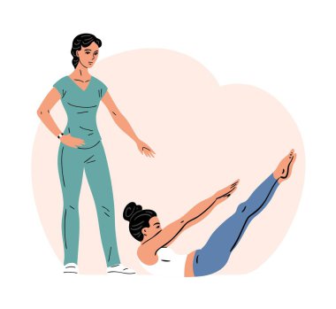 Genç kadın fizyoterapistin gözetiminde egzersiz yapıyor. Kız hem sabırlı hem de doktor. Tıp merkezindeki terapi egzersizleri. Rehabilitasyon ve fiziksel eğitim. Vektör illüstrasyonu