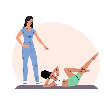 Genç kadın fizyoterapistin gözetiminde egzersiz yapıyor. Kız hem sabırlı hem de doktor. Tıp merkezindeki terapi egzersizleri. Rehabilitasyon ve fiziksel eğitim. Vektör illüstrasyonu