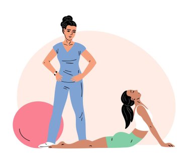 Genç kadın fizyoterapistin gözetiminde egzersiz yapıyor. Kız hem sabırlı hem de doktor. Tıp merkezindeki terapi egzersizleri. Rehabilitasyon ve fiziksel eğitim. Vektör illüstrasyonu