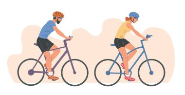 Açık havada bisiklet süren erkek ve kadının düz stil vektör çizimi. Bisiklet sporu, sağlıklı yaşam tarzı, açık hava fitness aktivitesi