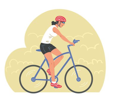 Bisiklet süren, kasklı ve güneş gözlüklü bir kadın bisikletçinin düz stil çizimi. Açık hava bisikleti, fitness, sağlıklı yaşam tarzı. Beyaz arkaplanda izole