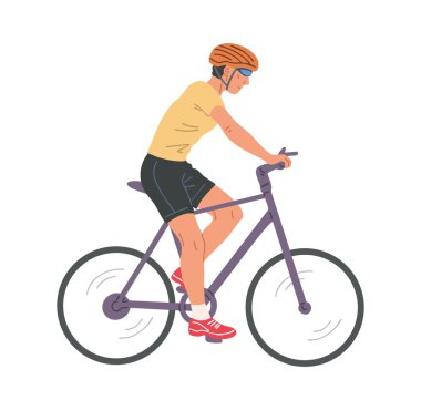 Bisiklet süren, kasklı ve güneş gözlüklü bir erkek bisikletçinin düz stil çizimi. Açık hava bisikleti, eğitim, sağlıklı yaşam tarzı. Beyaz arkaplanda izole