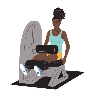 Spor makinesinde bacak kaslarını çalıştıran genç bir Afro-Amerikalı kadının düz vektör çizimi. Fitness ve dayanıklılık eğitimi. Beyaz arkaplanda izole