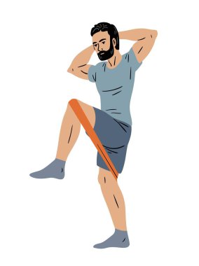 Direniş bandıyla ayakta duran bir adamın düz stil vektör çizimi. Temel eğitim, fitness egzersizi, rehabilitasyon egzersizi. Beyazda izole edilmiş