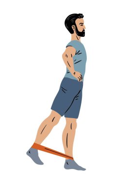 Direnç bandıyla ayakta duran ve bacağını tekmeleyen bir adamın vektör çizimi. Düz stil fitness egzersizi beyazda izole