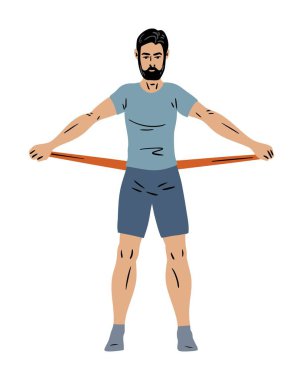 Arkasından elastik direnç bandı geren bir adamın vektör çizimi. Düz stil fitness egzersizi beyazda izole